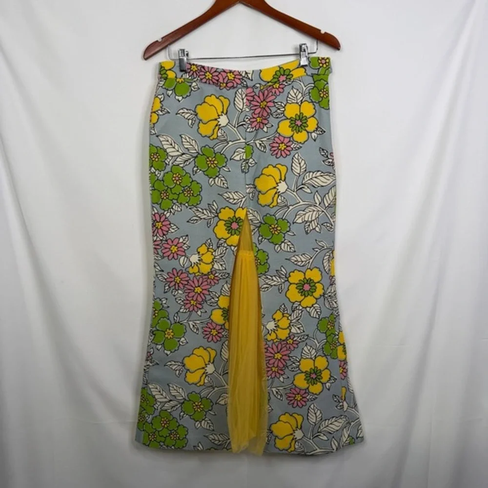 Tory Burch Upcycled Floral Maxi Skirt with Yellow Tulle Godet Slit Size 4